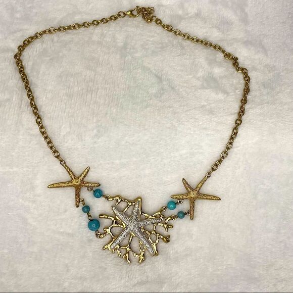 Gold Tone And Turquoise Color Starfish Detailed Necklace 21” - Picture 1 of 4